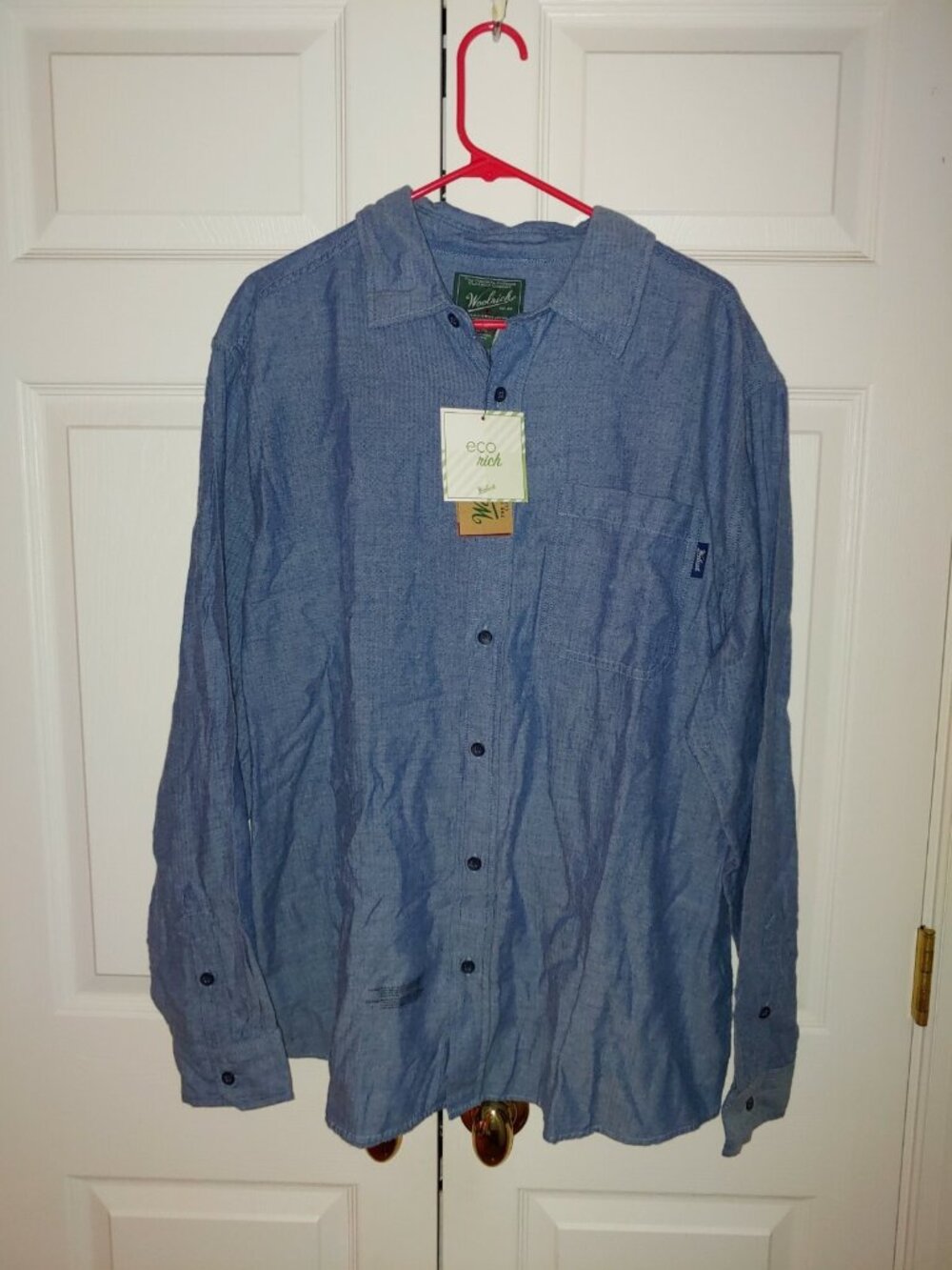 New Men Woolrich Eco Rich Blue Chambray Button Down Long Sleeve Shirt Size XL